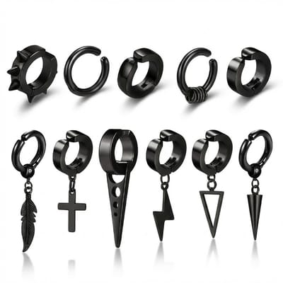 11 delige set Zwarte oorringen voor heren – oorbellen met hangers in kruis, veer, bliksem en punt design – stoere metalen oorhangers set in diverse stijlen