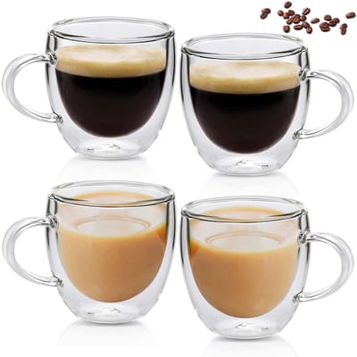 set van 4 dubbelwandige 250 ml Latte Macchiato glazen, borosilicaatglas koffieglazen met handvat, hitte- en koudebestendige glas koffiekopjes voor Cappuccino, Latte, Thee, Koffie, Melk, Sap