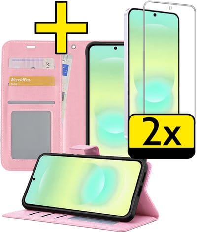 Hoesje - Met 2x Screenprotector - Geschikt voor Samsung Galaxy A37 - Luxe Pasjeshouder - Bookcase Portemonee - Flip Case - Kunstleer Book Case - Flipcase Hoes - Book Cover - Walletcase - Portemonneehoes - Telefoonhoesjes - Lichtroze