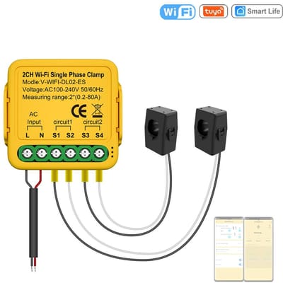 Tuya WiFi Onoff Controller 80A Energiemeter Stroomtransformator Klem KWh Power Monitor 2CH