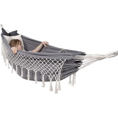 Springos Hangmat | Extra stevig | Met franje | Antraciet| Inclusief kussens | Inclusief opbergtas | 150 x 210 cm