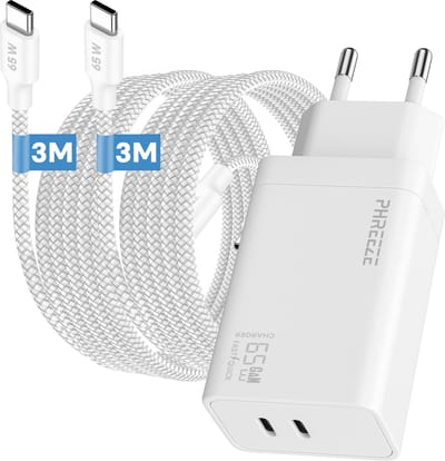 Phreeze GaN charger 65 W - Usb C laptop oplader met 2 usb C kabels 3m - Power Delivery dual port adapter