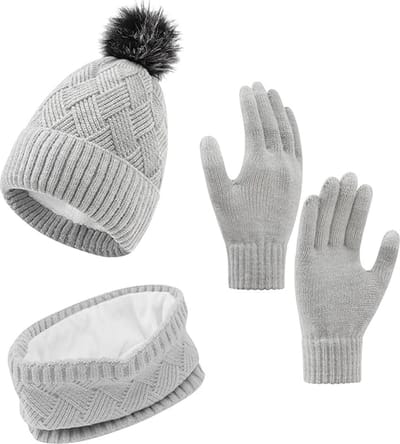 Muts, Dames sjaal gebreide muts combiset winter beanie handschoenen breiset cadeauset touchscreen-handschoenen voor outdoor ski - lichtgrijs