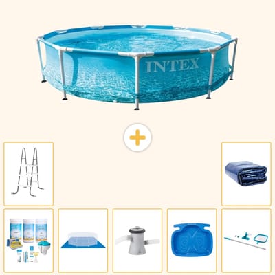 Intex Rond Frame Zwembad - 305 x 76 cm - Waterprint - Inclusief Onderhoudspakket - Grondzeil - Zwembadfilterpomp - Voetenbad - Ladder - Schoonmaakset - Solarzeil - 8-delig