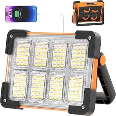 carmdering - LED Werklicht - Oplaadbare Werklamp - Powerbank - 144 LED's, 6000 lumen, 4 modi - USB-C en zonne-energie opladen - 180° verstelbaar handvat - Powerbank functie - SOS flitser (blauw-rood) - Voor garage, workshop, kamperen