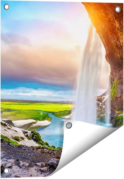 Gards Tuinposter Waterval van een Klif bij Zonsondergang - 40x50 cm - Tuindoek - Tuindecoratie - Wanddecoratie buiten - Tuinschilderij