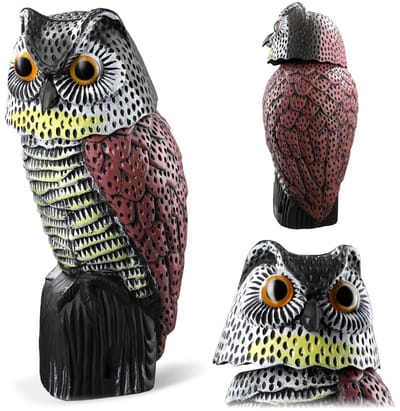 KADAX Uil met beweegbare kop, vogelverschrikker, uil van kunststof, duivenverschrikker met wiebelkop, vogelverschrikker, tuindecoratie, realistische uil voor tuin (37 cm)