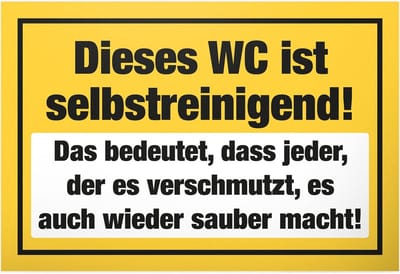 Toiletbordje Zelfreinigend - Kunststof Bord - Gasten Informeren - Grappige Spreuk - 30 x 20 cm - Geel