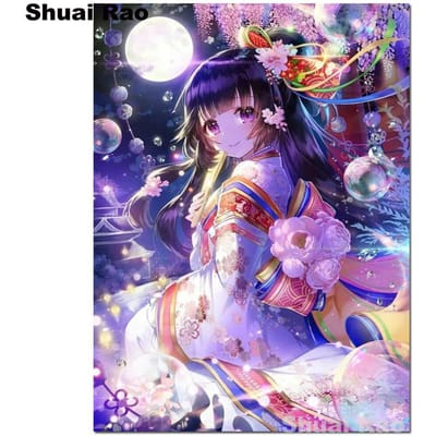 5D DIY Diamantschilderij Caroon Anime Meisje Ronde Diamant Borduurwerk Japanse Elf Huisdecoratie Cadeau 20X30CM blue