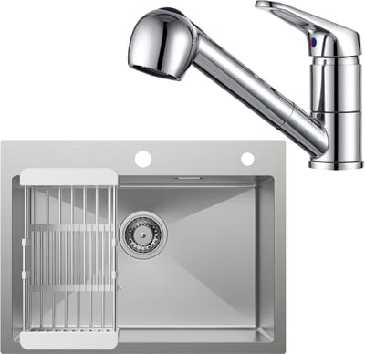 CECIPA max 60x45CM Spoelbak - Met keukenkraan met uittrekbare uitloop - Spoelbak Keuken RVS - Spoelbak Met Afdruipgedeelte - Met Afdruiprek