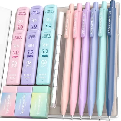 Mechanische Potloden 0.7mm met HB & 2B Vulpotloden, Pastel Gum Set en Vulgummen, 16 Stuks met Etui, Schattige Esthetische Schoolbenodigdheden voor Schrijven en Tekenen
