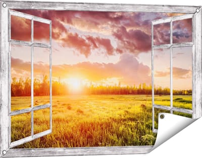 Gards Tuinposter Doorkijk Zonsopkomst in het Veld - 90x60 cm - Tuindoek - Tuindecoratie - Wanddecoratie buiten - Tuinschilderij