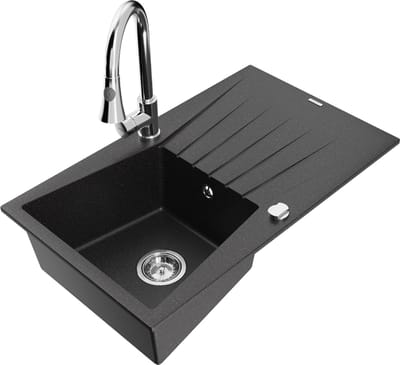 Mexen Cesar granieten spoelbak met 1 bak, afdruiprek en keukenmengkraan Elia, zwart/zilver metallic - 6514-73-670101-00