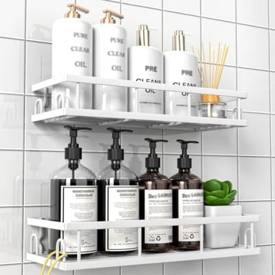 PromoHome Doucherek Zonder Boren 2-Pack - Wandmontage Badkamer Organizer - Sterk Draagvermogen 40LB - Waterdicht Roestbestendig - Wit