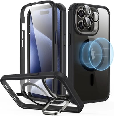 ESR Armor Tough HaloLock Hoesje Geschikt voor Apple iPhone 15 Pro Max | Compatibel met MagSafe | met Stash Stand Kickstand | Full Protect | Extra Camera Bescherming | Transparant Zwart