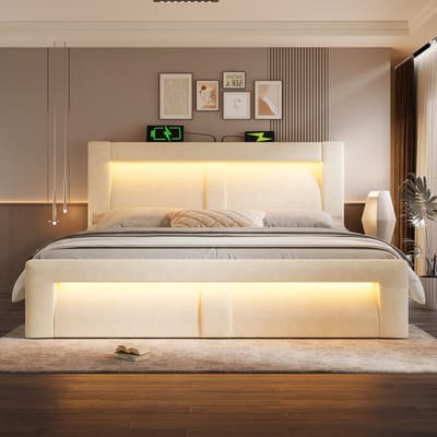 Tweepersoonsbed 160x200 cm met opbergruimte - LED-verlichting - USB- en Type-C-oplaadpoorten - gebogen hoofdeinde - beige - zonder matras
