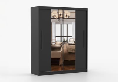 Kledingkast NICO I 203 cm - 2-deurs schuifdeurkast met spiegel en kledingstang - Garderobekast met ruime opbergruimte - Moderne kast voor slaapkamer en hal (Zwart)