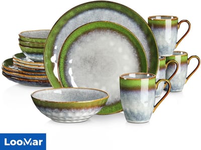 LooMar Luxe Serviesset – 16 delig – 4 persoons – Porselein - Bordenset – Dinner platen – Dessertborden - Kommen - Mokken - Set - Groen - Wit