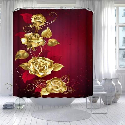 Luxe Paleis Stijl Rozenpatroon Badkamer Douchegordijn Met Haakjes Badkamer Decoratie Set, Parels Patroon Print Stoffen Gratis Verzending 100W180H(CM)40x71in