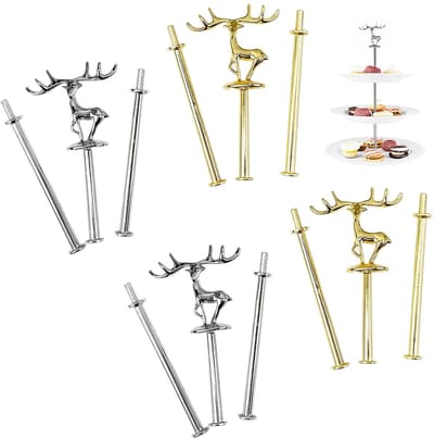 Set van 4 etagerstangen, etagère met 3 etages, taartstandaard, cupcake-houder, gebak trappendienblad, fruit, koekjes, snoep, serveerplaat, eland, goud, zilver
