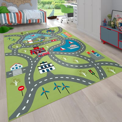 Flycarpets Binola Kindervloerkleed Groen / Grijs - 100x200 cm - Speelkleed / Speelmat Auto - Laagpolig Vloerkleed Kinderkamer