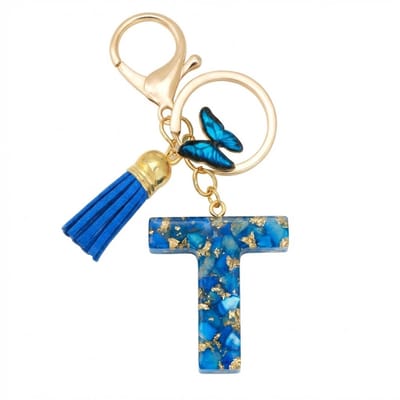 Blauwe letter T sleutelhanger met kwastje en vlinder – sleutelhanger voor dames – goudkleurige metalen keychain met acryl initiaal T hanger, decoratieve bedel en tassel