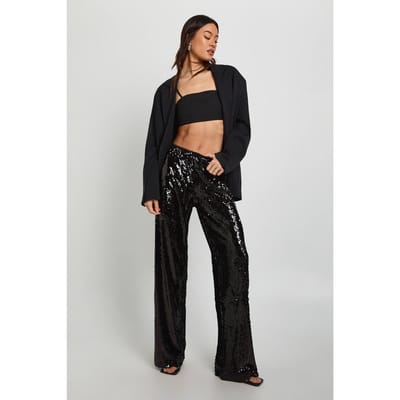 boohoo Dames Tall Lage Taille Trekkoord Tailleband Pailletten Broek | Black | Maat: 6