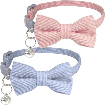 Kattenhalsbanden met Strik en Bel - Schattige Corduroy Halsbanden voor Kittens in Roze en Lichtblauw, Veilig en Comfortabel