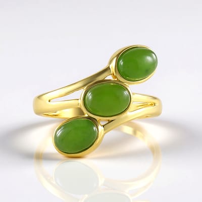 Cavill - Zilveren ring met 3 ovale Canadese jade cabochons - 925 Sterling zilver verguld - 2,814 ct - Damesring groen - Stijlvol en elegant