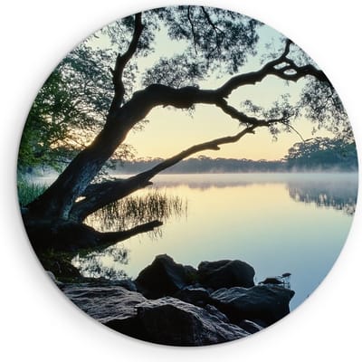 Saammp Muurcirkel Hout - Natuur - Scheve boom bij het water - landschap - Ø 90 - Wandcirkel - Wanddecoratie Cirkel - Muurdecoratie Woonkamer - Slaapkamer decoratie - Rond Schilderij