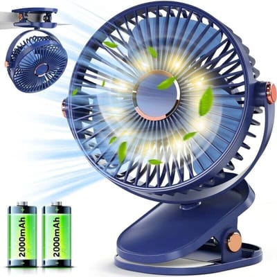 fan-USB-ventilator - Kleine bureauventilator met LED-verlichting, oplaadbare clipventilator van 4000 mAh, stille werking, meer dan 15 uur batterijduur, draagbare ventilator op batterijen.