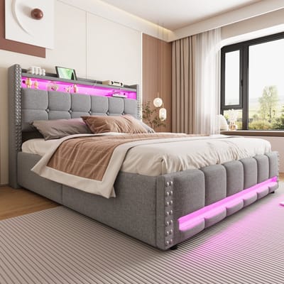 STILVORA Gestoffeerd Bed 160x200 cm – Ledverlichting Met Kleurwisseling – Usb Aansluiting – Hydraulische Opbergruimte – Linnen – Zonder Matras – Lichtgrijs