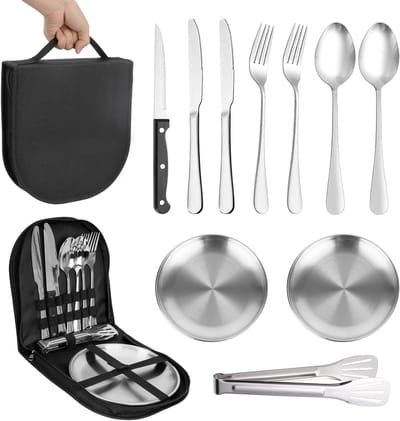 Camping Bestek Set voor 2 Personen, 10-delige RVS Bestek met Lepel, Vork, Mes en Tang, Ideaal voor Kamperen, Picknick en BBQ