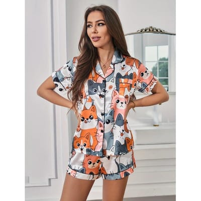 Schattige satijnen pyjamaset met katten- en puppyprint, korte mouwen, knopen, reverstop en elastische shorts, nachtkleding voor dames L gray