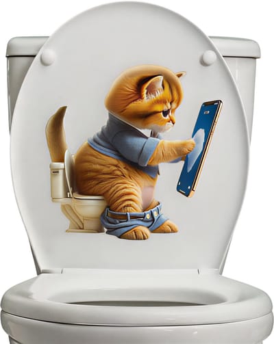 Cartoon Kat Telefoon Toilet Sticker – Maat 30cm – Waterdicht Zelfklevend Badkamerdecoratie, Voor Binnen en Buiten, Leuke Kat Sfeersticker, Muursticker WC