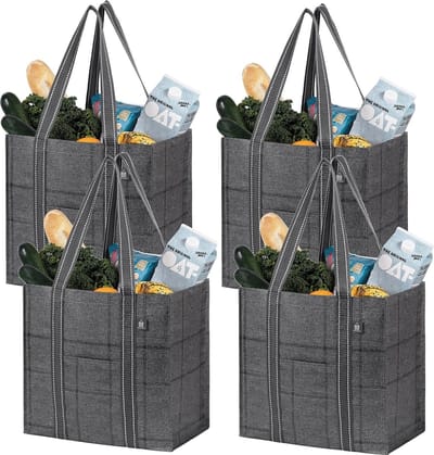 WNHB® Set van 4 Grote Opvouwbare Boodschappentassen – Stevige Bodem en Voorvak – Herbruikbare Waterafstotende Boodschappenmand voor Boodschappen en Picknick – Zwarte Ruit