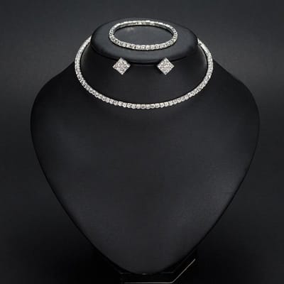 Mode Klauwketting Diamant Bruidsset, Meerrijige Diamant Ring Oorbellen Ketting Sieradenset black