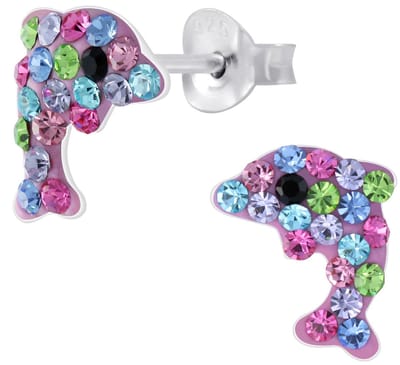 Joy|S - Zilveren dolfijn oorbellen - kristal multicolor