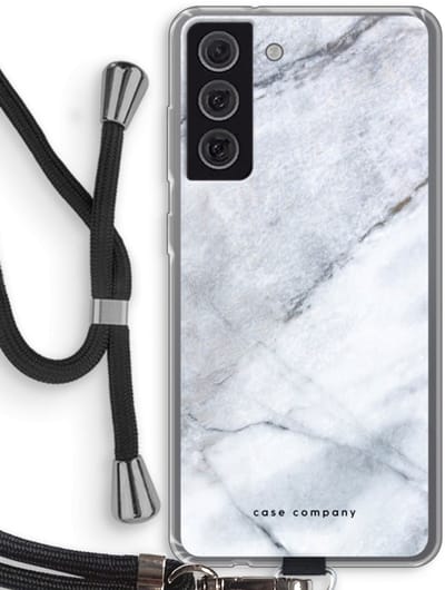 Hoesje met koord geschikt voor Samsung Galaxy S21 FE hoesje met Koord - Witte marmer - Telefoonhoesje met Zwart Koord - Bescherming aan alle Kanten en Over de Schermrand