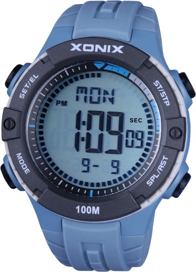 Xonix DAX-B03 - Horloge - Polshorloge - Digitaal - Heren - Mannen - Rond - Siliconen band - LCD - ABS - Cijfers - Achtergrondverlichting - Datumaanduiding - Alarm - Start-Stop - 12/24u - Tweede tijdzone - Waterdicht - LichtBlauw - Zwart