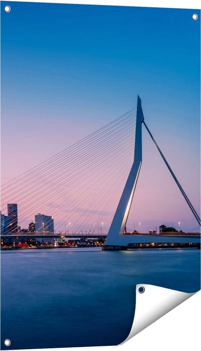 Gards Tuinposter Erasmusbrug in Rotterdam met Zonsondergang - 60x90 cm - Tuindoek - Tuindecoratie - Wanddecoratie buiten - Tuinschilderij