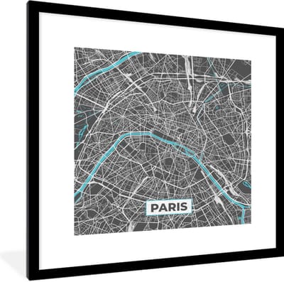Fotolijst incl. Poster - Parijs - Stadskaart - Frankrijk - Kaart - Plattegrond - 40x40 cm - Posterlijst