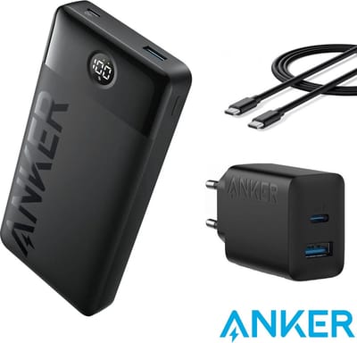 Anker PowerCore Powerbank 20.000 mAh met display - Zwart - 15W - USB-A en USB-C + Anker 20W sneloplader 2-port inclusief USB-C kabel 1,5M - Voordeelbundel