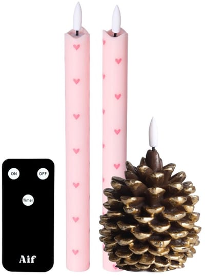 LED Dinerkaarsen Roze met Hartjes + Dennenappel - Cadeauset - Incl. Afstandsbediening - Aifcandles