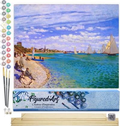 Figured'Art Schilderen op Nummer Volwassenen canvas Zeilwedstrijden in Sainte-Adresse - Monet - Handwerk acrylverf Kit DIY Compleet - 40x50cm met DIY houten lijst