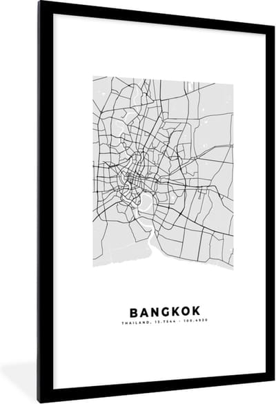 Fotolijst incl. Poster Zwart Wit- Bangkok - Stadskaart - Plattegrond - Zwart Wit - Kaart - 80x120 cm - Posterlijst