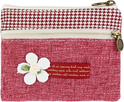 Vrouwelijke Kleine Canvas Handtas met 2 Ritsvakken, Bohemian Stijl Mini Tas voor Munten, Contant Geld en Kaarten, Bloemenprint Rood