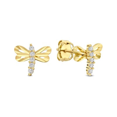 New Bling - 9NBG-0858 - 14K geelgouden Oorknoppen – Libel met Zirkonia – Dames Oorbellen