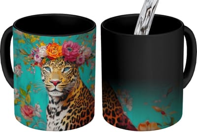 Magische Mok - Foto op Warmte Mokken - Koffiemok - Luipaard - Bloemen - Kroon - Magic Mok - Beker - 350 ML - Theemok