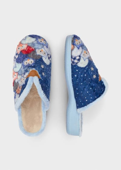 Pluchen pantoffels met uilmotief - blauw / gedess. - Gr. 36 van Goldner Fashion